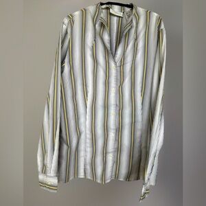 Liz Claiborne Long Sleeve Cotton Blend Blouse White Blue/Yellow Stripes Large